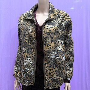 EVR Vintage 90s Leopard Print 100% Silk Bomber‎ Jacket Brown Tan Small
